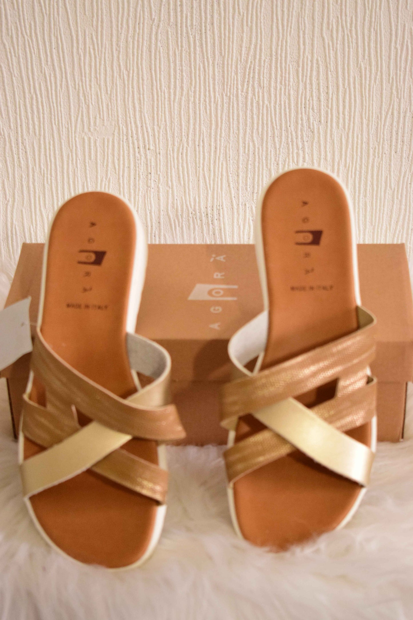 Mules Mosaïque Dorée & Beige à Brides Croisées – Agorà 38