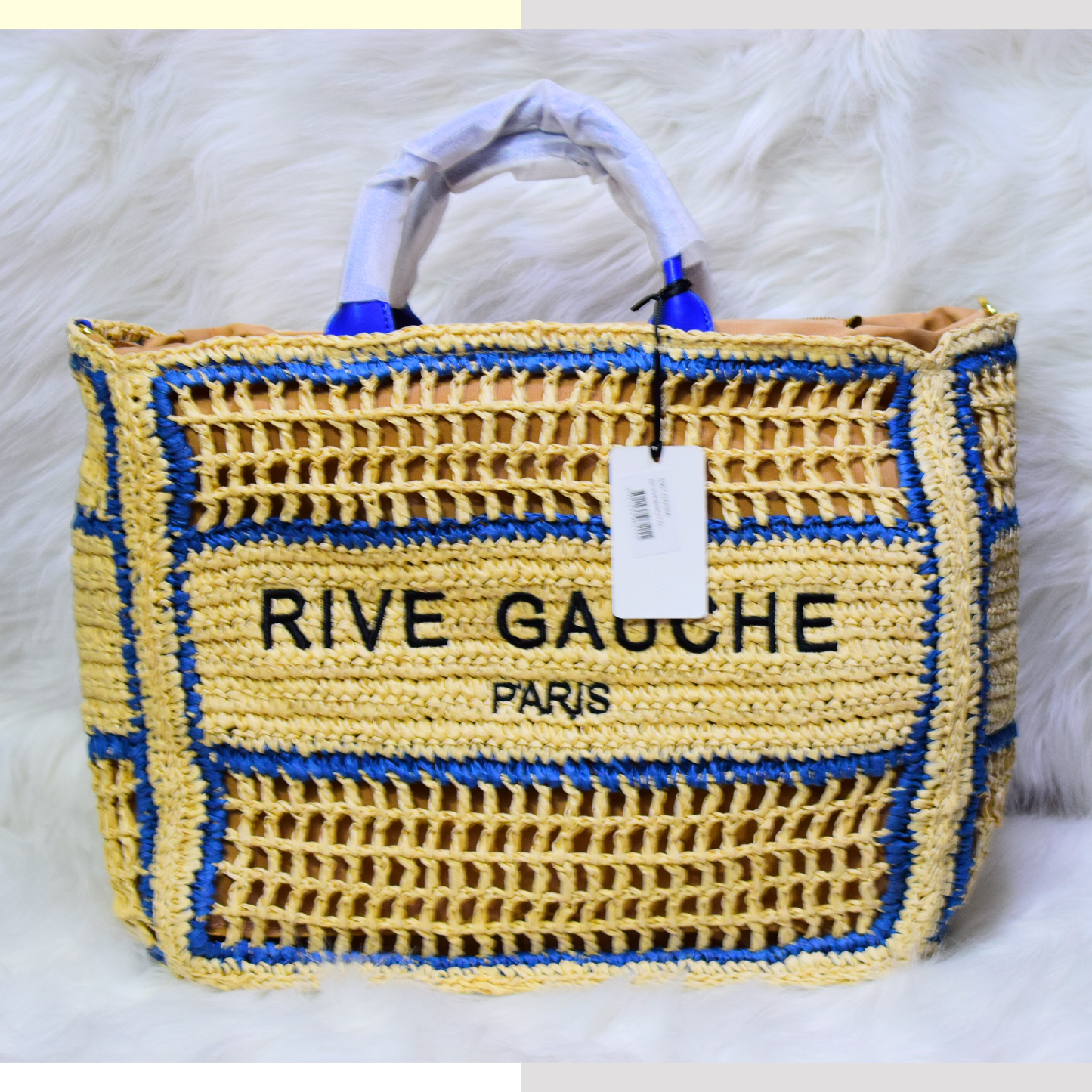 Sac cabas "Rive Gauche Paris" en crochet beige et bleu électrique