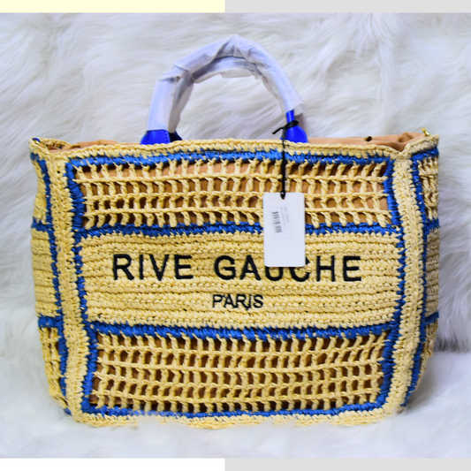 Sac cabas "Rive Gauche Paris" en crochet beige et bleu électrique