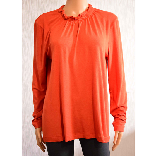 Blouse Enjoy à manches longues orange brûlé avec col volanté