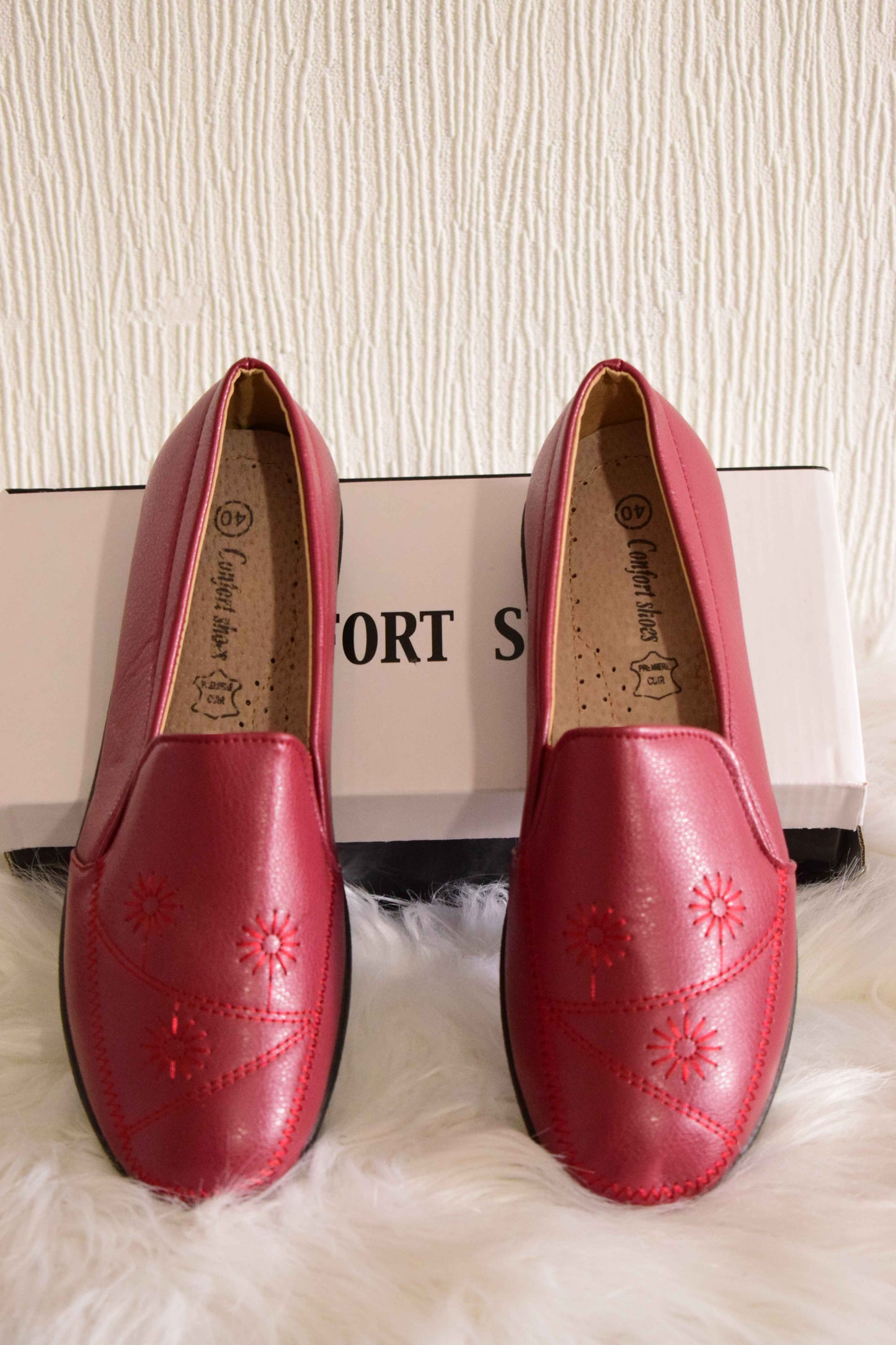 Mocassins Confort Rouge Bordeaux à Broderies Fleurs & Semelle Souple