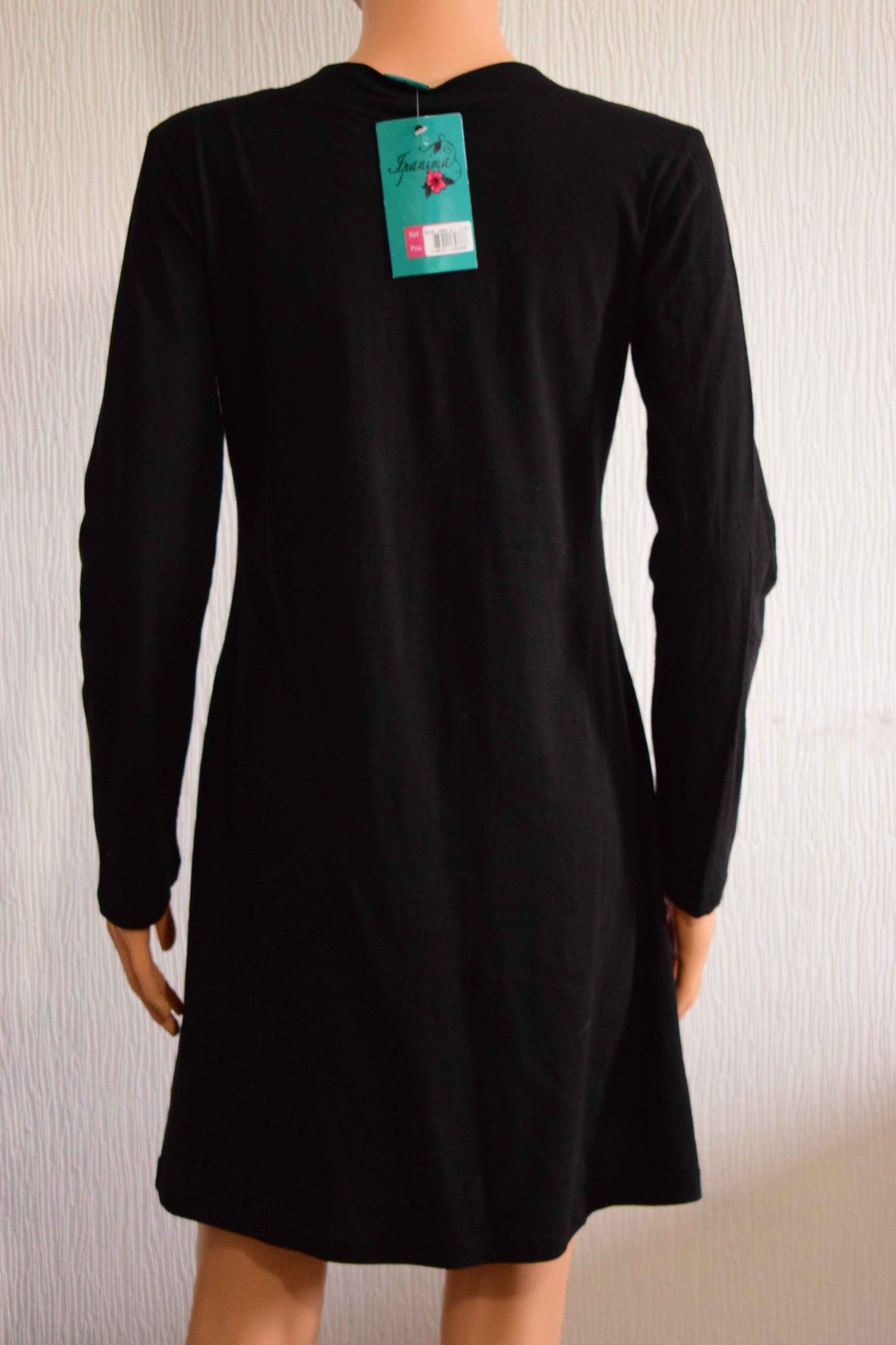 Robe noire franima à manches longues et col V avec broderie florale L