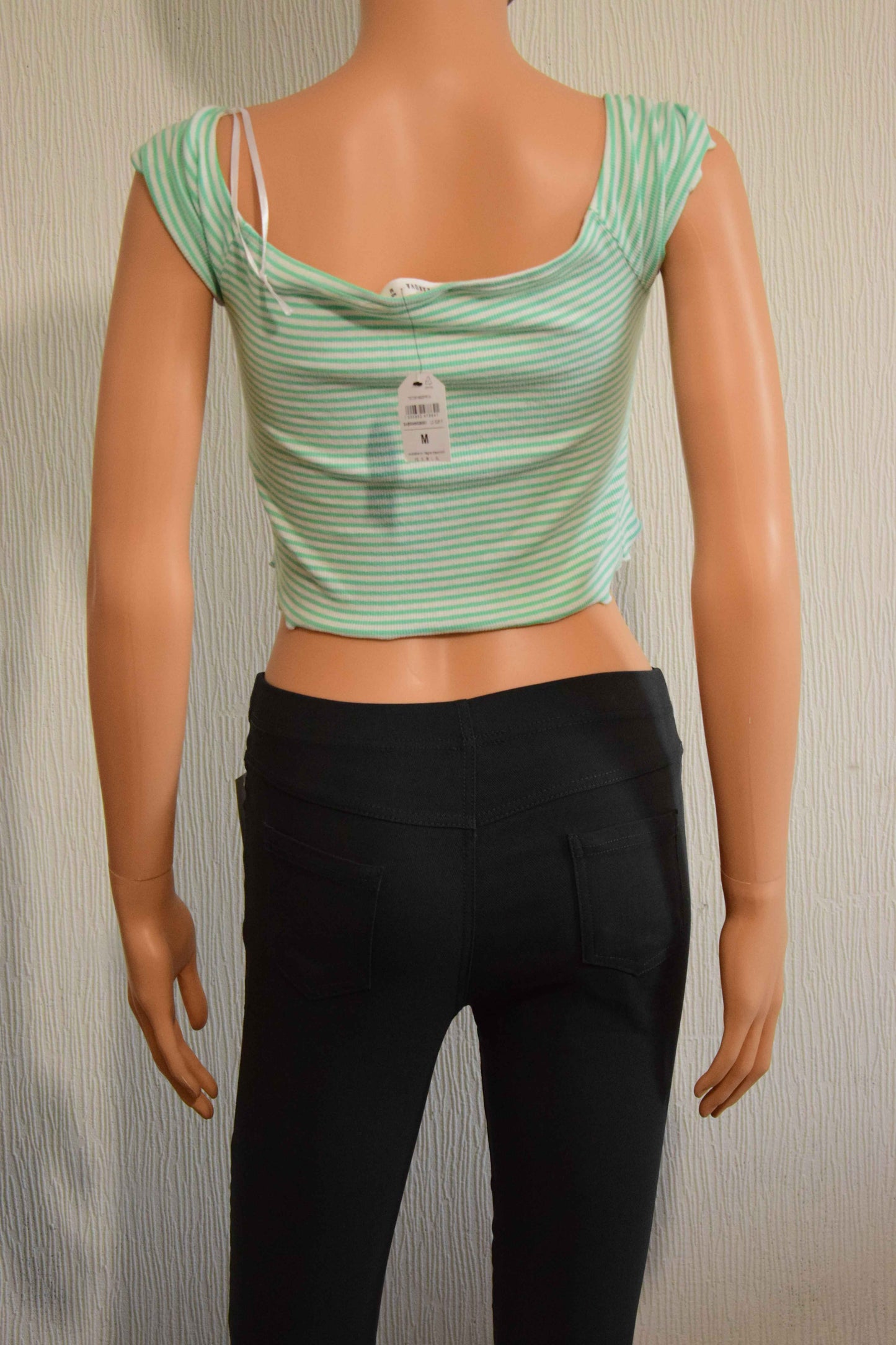Crop Top Côtelé à Rayures – Vert Menthe & Blanc M