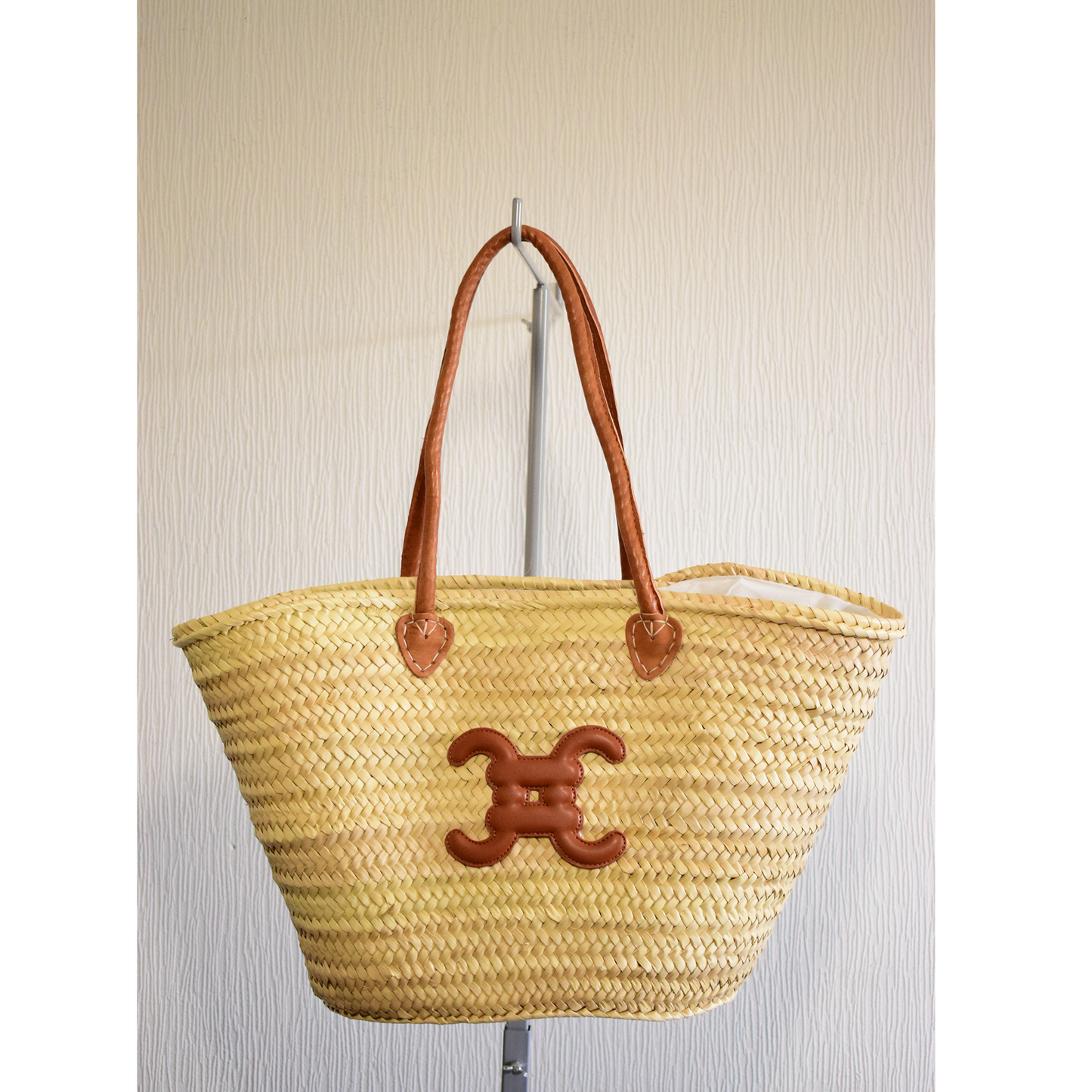 Sac Cabas en Paille double C Tressée à Anses & Logo Cuir