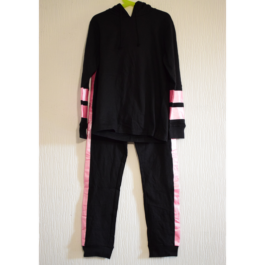 Ensemble de jogging noir et bandes satinées rose fuchsia avec sweat à capuche enfants 9-10 Ans