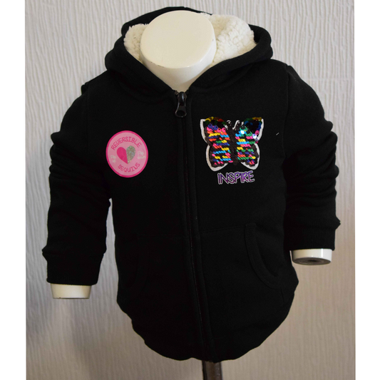 Gilet zippé enfant Dreamstar – Noir/Papillon sequins – 3 ans