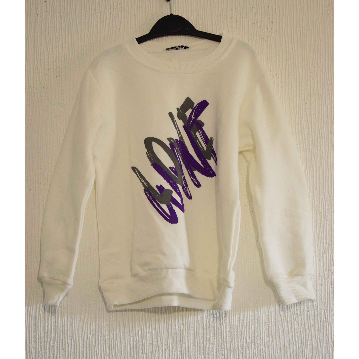 Sweat-shirt col rond blanc cassé avec imprimé graphique violet et gris 5 ans