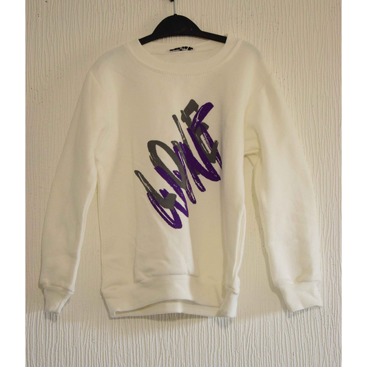 Sweat-shirt col rond blanc cassé avec imprimé graphique violet et gris 5 ans