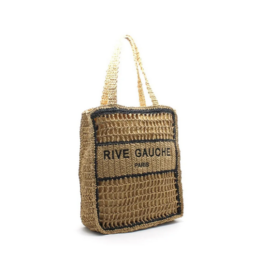 Grand sac cabas vertical "Rive Gauche Paris" en crochet naturel