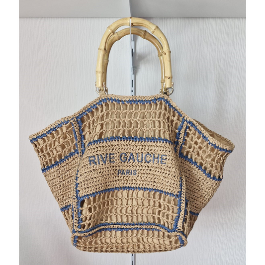 Sac cabas "Rive Gauche Paris" en raphia naturel et bleu