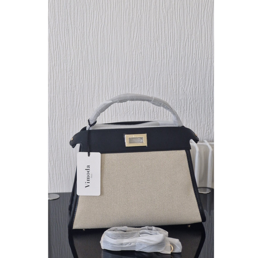 Sac bandoulière en toile tressée beige et détails similicuir noir