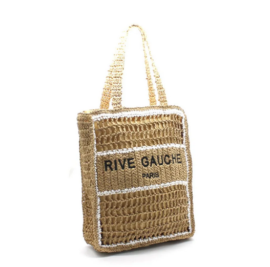 Grand sac cabas vertical "Rive Gauche Paris" en crochet naturel