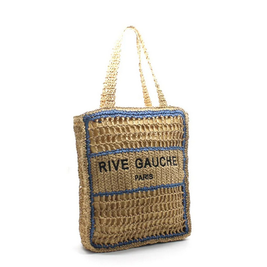 Grand sac cabas vertical "Rive Gauche Paris" en crochet naturel