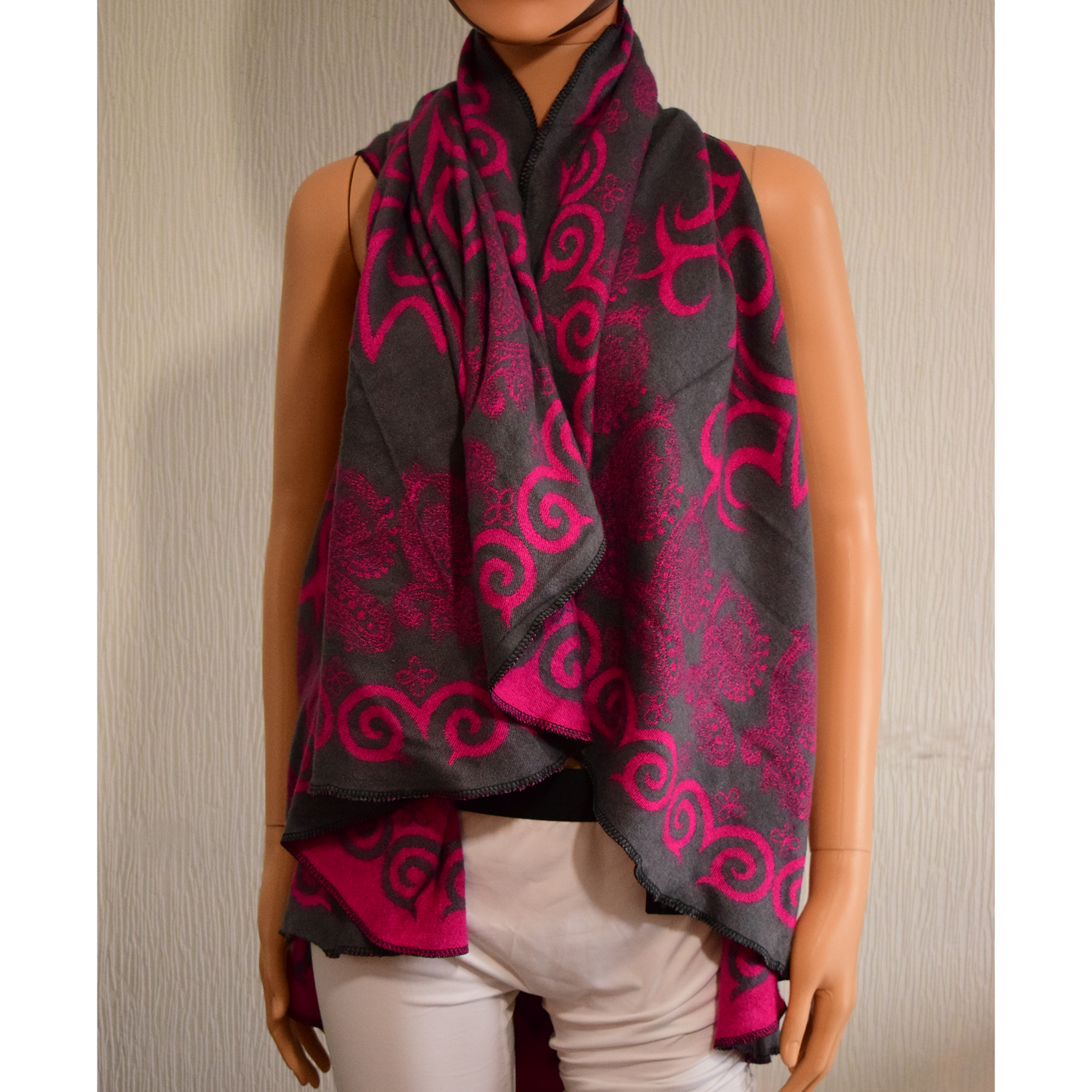 Écharpe / Étole femme – Gris & fuchsia – Taille unique