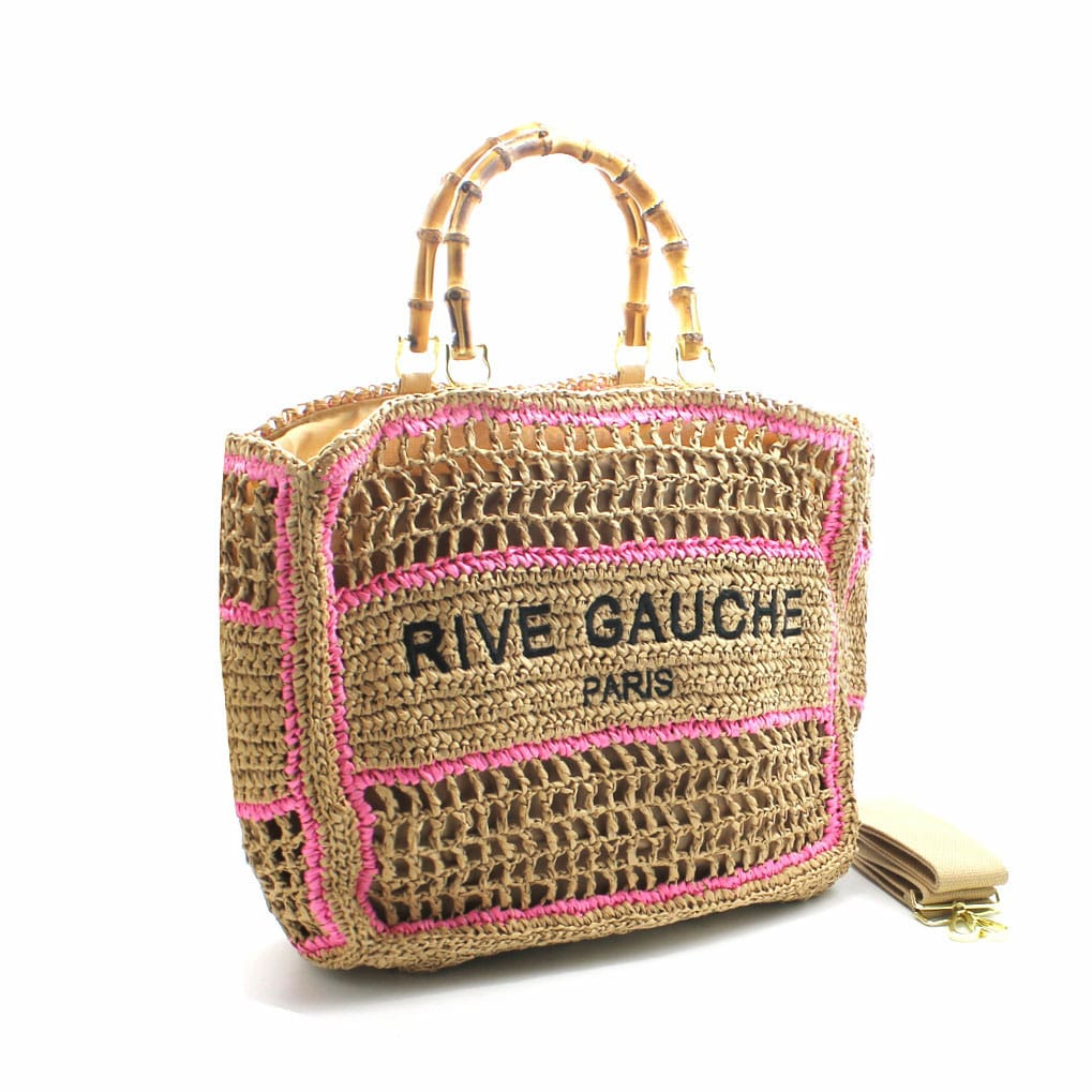 Sac cabas "Rive Gauche Paris" en crochet bicolore avec anses en bambou