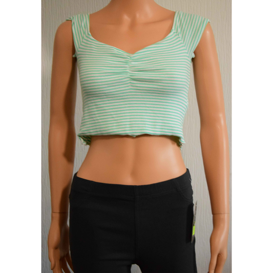 Crop Top Côtelé à Rayures – Vert Menthe & Blanc M