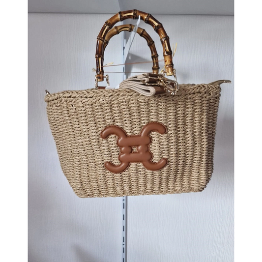 Sac cabas double C en paille avec poignées bambou