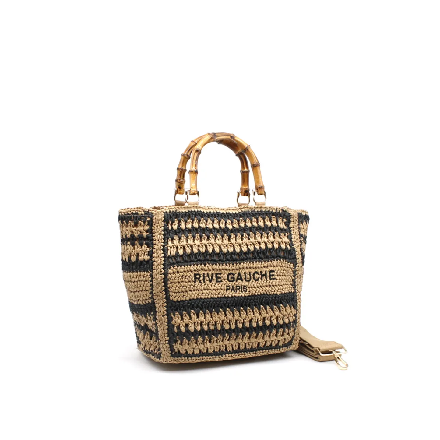 Sac cabas "Rive Gauche Paris" en crochet bicolore avec anses en bambou