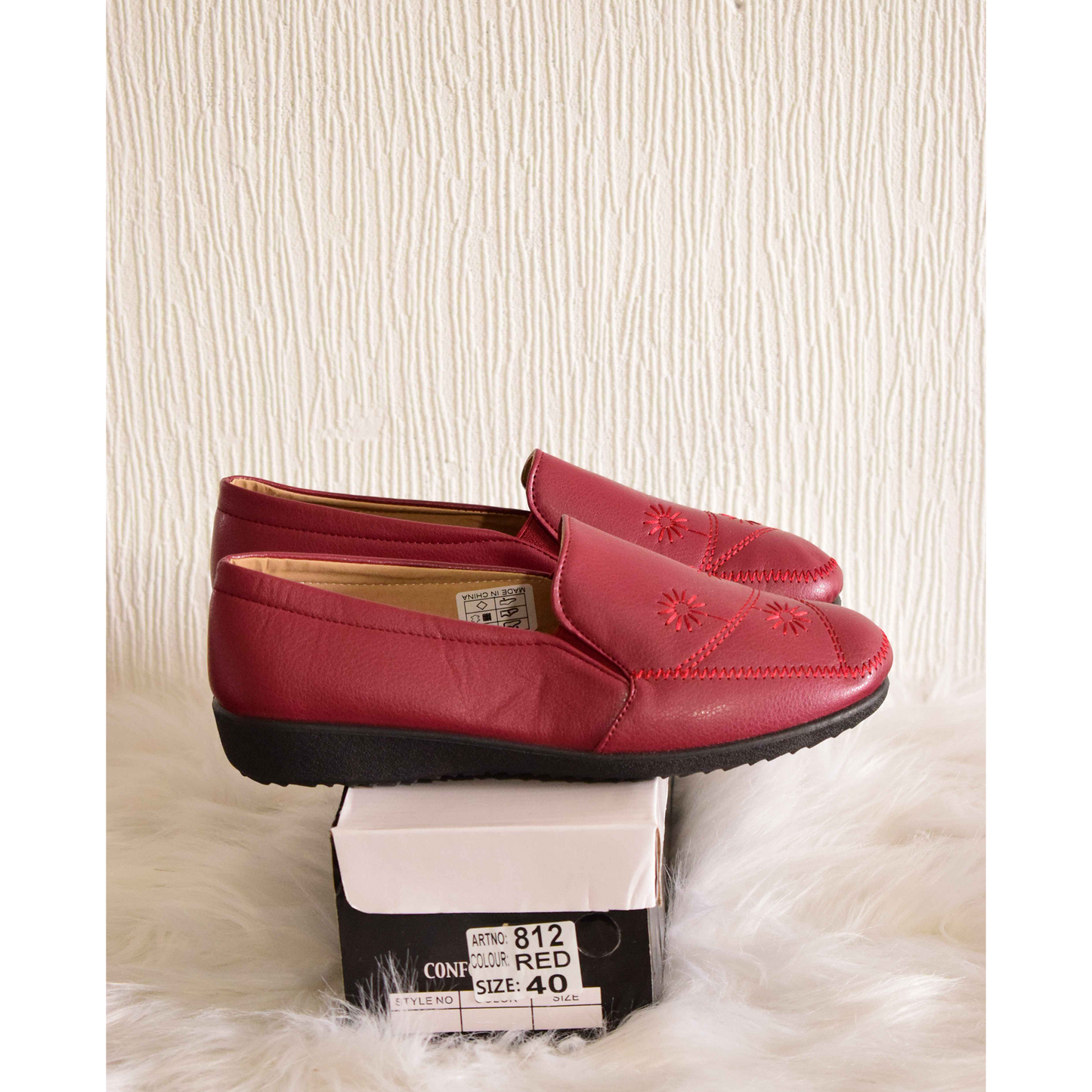 Mocassins Confort Rouge Bordeaux à Broderies Fleurs & Semelle Souple