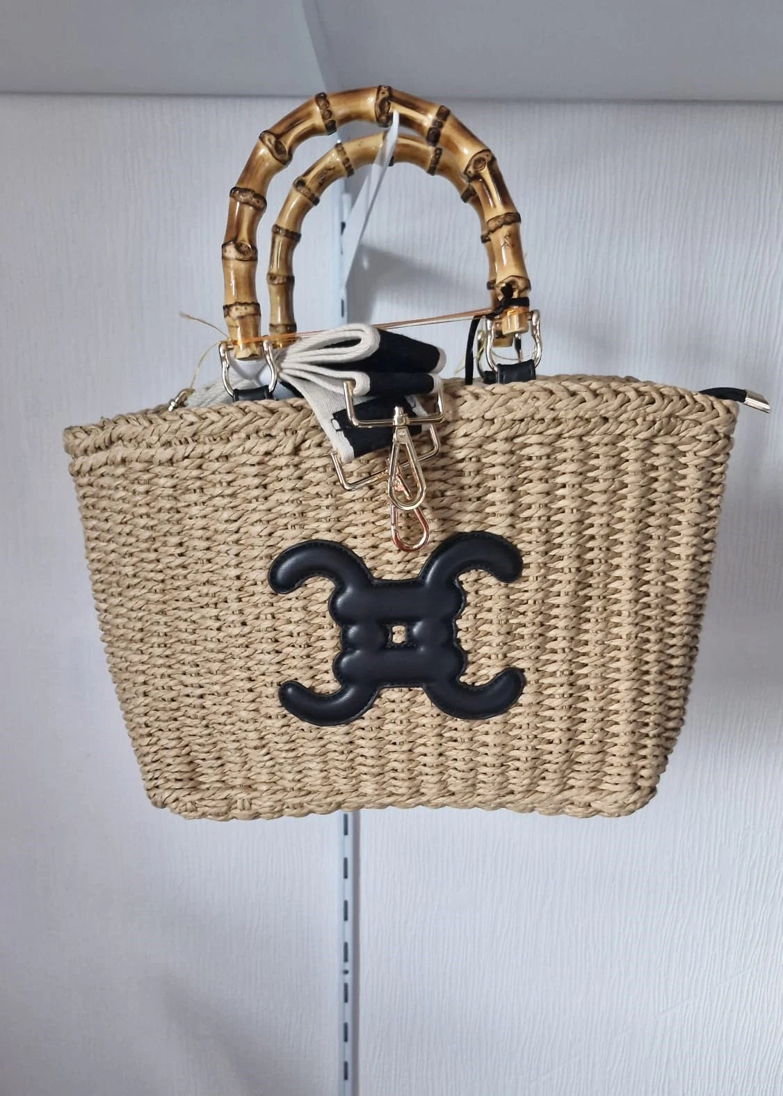 Sac cabas double C en paille avec poignées bambou