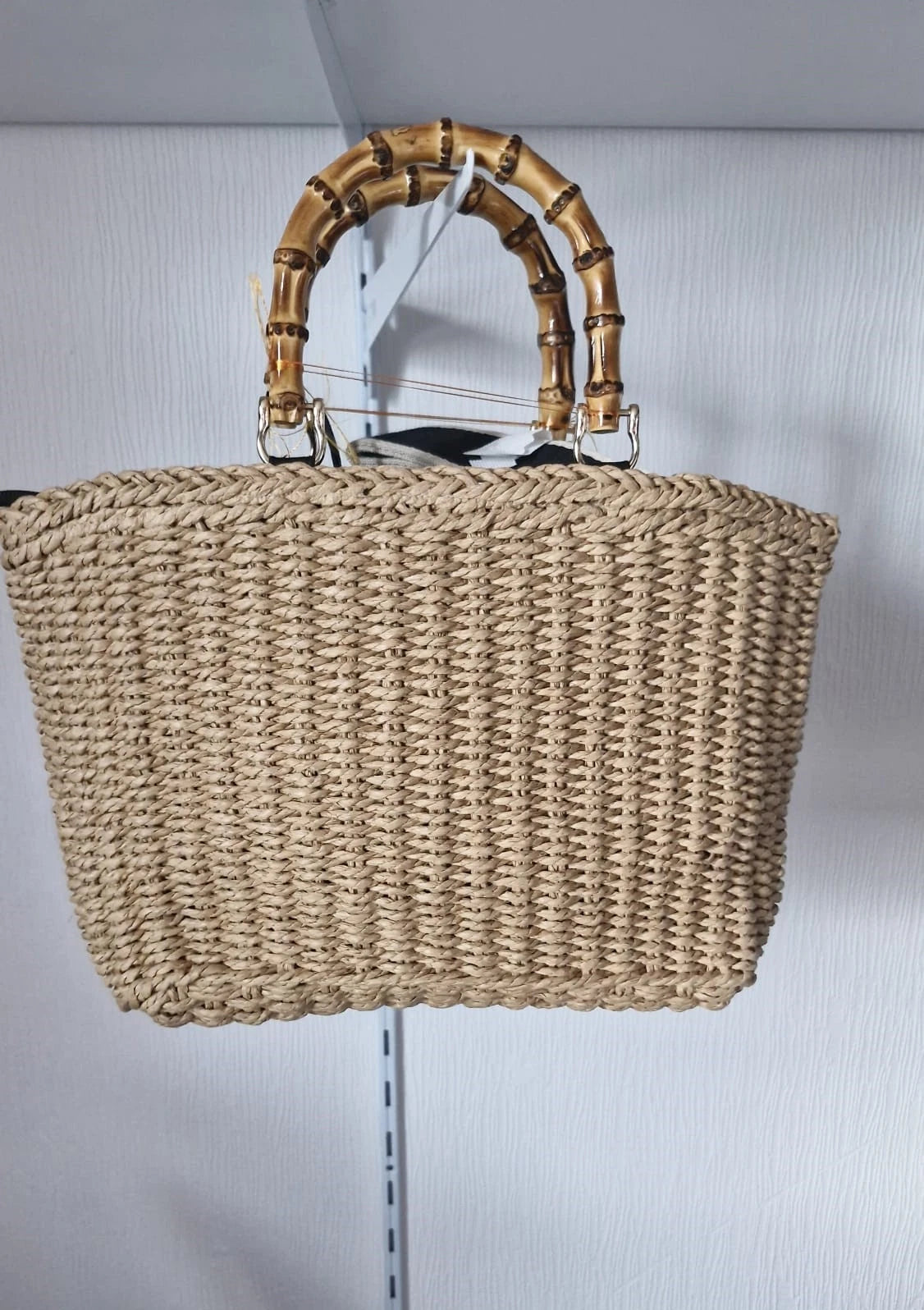 Sac cabas double C en paille avec poignées bambou