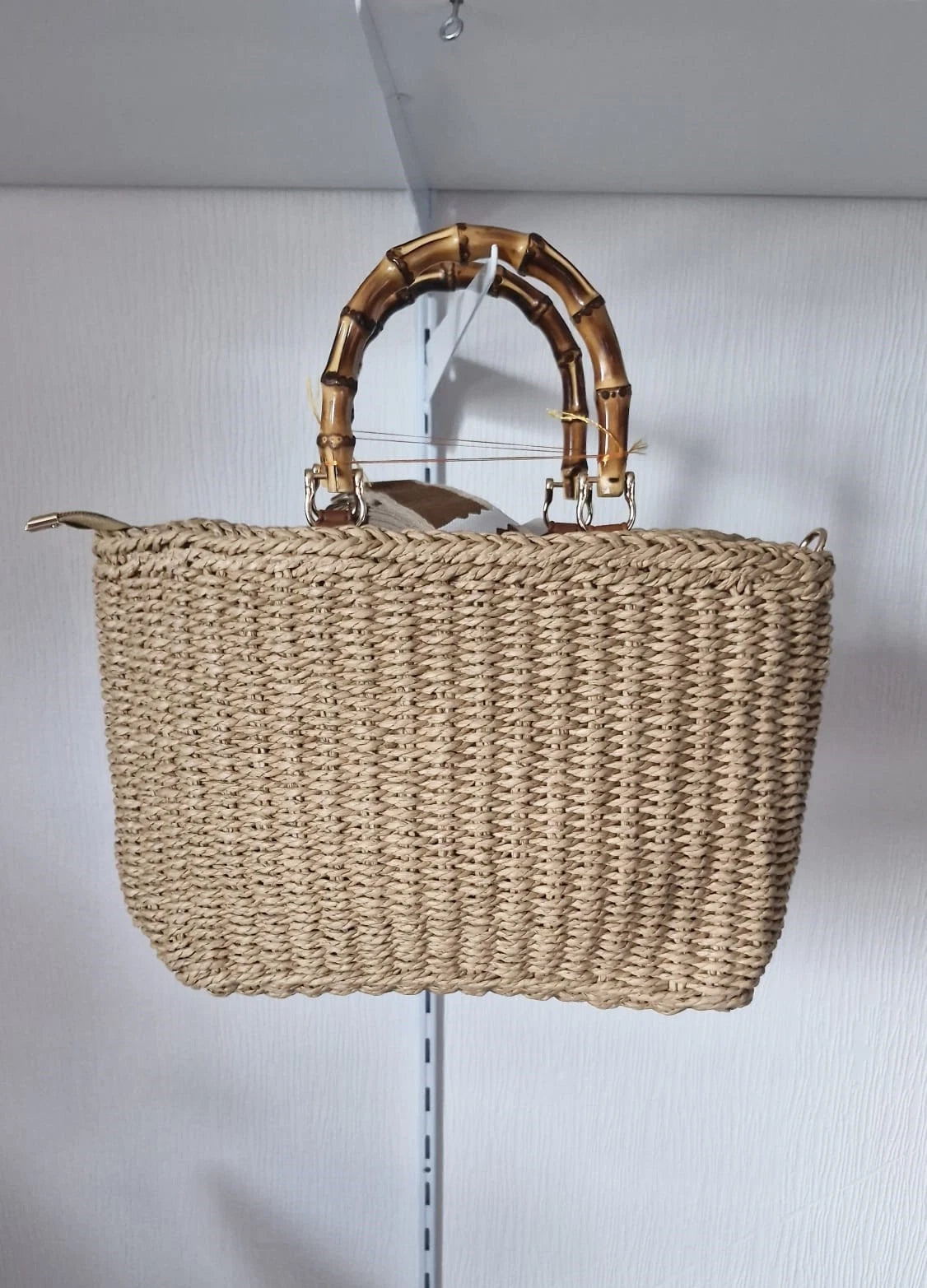 Sac cabas double C en paille avec poignées bambou
