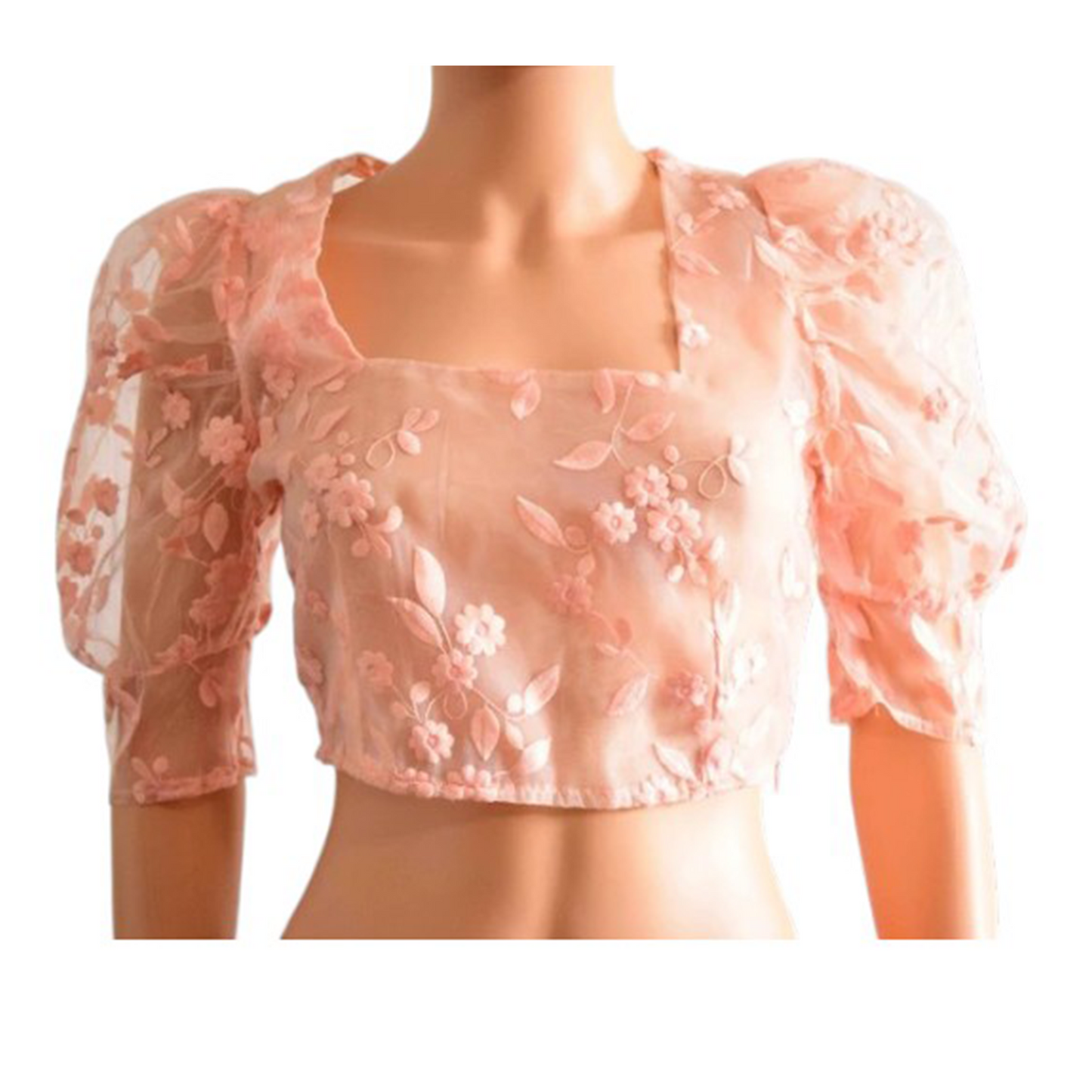 Crop-top en organza brodé de fleurs rose poudré S